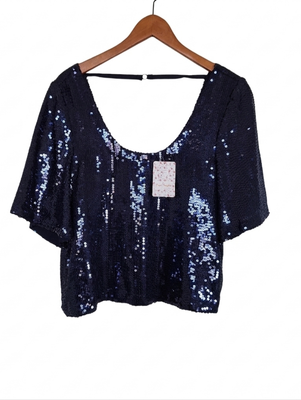 NWT Free People Night Fever Navy Blue All Over Sequin Blouse Top Size M